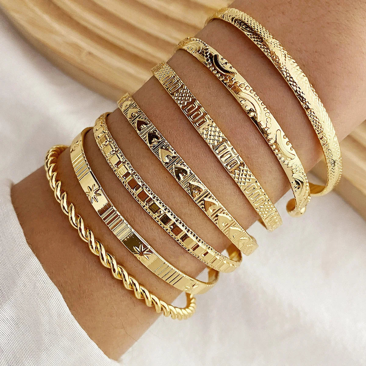 7-Piece Punk Gold Bracelet Set for Women with Goth Heart Designs